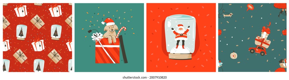 Hand drawn vector abstract stock graphic Merry Christmas and Happy New Year cartoon,illustrations prints collection set with Santa Claus,present box and Christmas tree isolated on color background