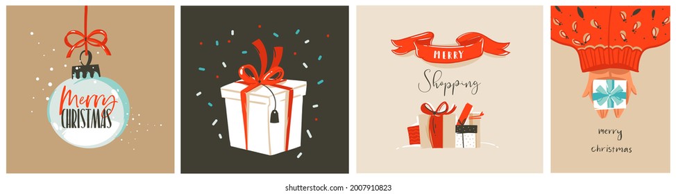 Hand drawn vector abstract stock graphic Merry Christmas and Happy New Year cartoon,illustrations prints collection set with snow globe,present box and Christmas tree isolated on color background