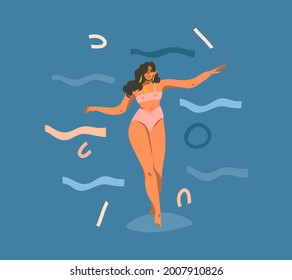 Hand drawn vector abstract stock graphic cartoon illustration with young smiling happy,healthy female character dancing and collage geometric shapes isolated on color background
