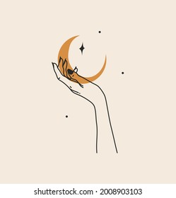 Gráfica gráfica plana de vectores dibujada a mano material abstracto con logotipo de marca, línea mágica celestial bohemiana de mano de mujer, media luna, estrella y fase lunar en estilo simple, concepto de astrología femenina.