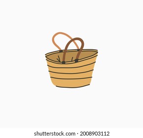 Handgezeichneter, abstrakter Stock-Grafik-Sommerzeitcartoon, zeitgenössischer minimalistischer Illustrationstext mit böhmischer schöner Strandpicknick-Totbeutel einzeln auf weißem Hintergrund