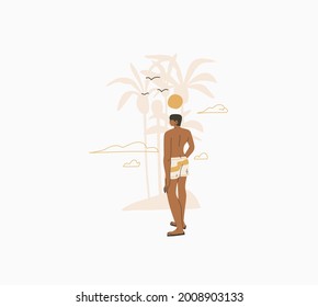 Hand drawn vector abstract stock graphic summer time cartoon,minimalistic style illustrations print with bohemian beautiful male sunbathes and standing on the beach,isolated on white background.