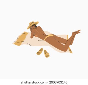 Hand drawn vector abstract stock graphic summer time cartoon,minimalistic style illustrations print with bohemian beautiful girl sunbathes and lying on the beach,isolated on white background