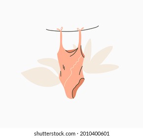 Hand drawn vector abstract stock graphic summer time cartoon,minimalistic illustrations print with bohemian beautiful beach pink female swimsuit isolated on white background.