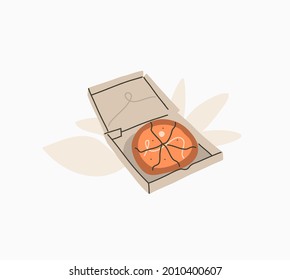Hand drawn vector abstract stock graphic summer time cartoon,contemporary minimalistic style illustrations print with bohemian beach picnic pizza in box,isolated on white background.