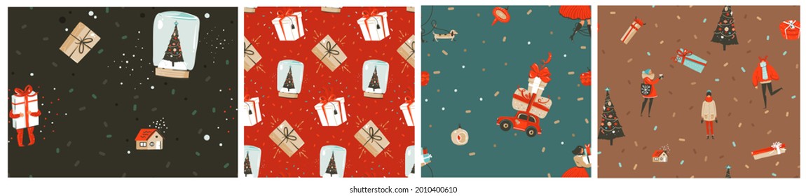Hand drawn vector abstract stock graphic Merry Christmas and Happy New Year cartoon,illustrations prints collection set with Santa Claus,present box and Christmas tree isolated on color background