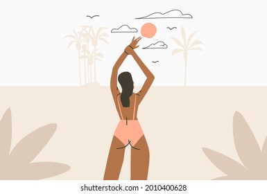 Hand drawn vector abstract stock graphic summer time cartoon,minimalistic style illustrations print with bohemian beautiful girl sunbathes and relax on the sunset beach,isolated on color background.
