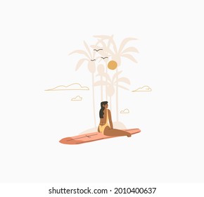 Hand drawn vector abstract stock graphic summer time cartoon,minimalistic style illustration with bohemian beautiful girl sunbathes and surfing on surfboard on the beach,isolated on white background