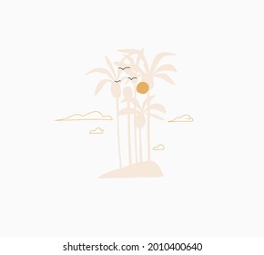 Dibujo manual vectorial abstracto material gráfico de verano, ilustraciones minimalistas con logo creativo bohemio, con hermosa silueta de isla de palmeras tropicales y amanecer aislado en fondo blanco.