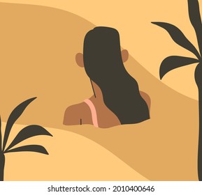 Hand drawn vector abstract stock graphic summer time cartoon,minimalistic style illustrations print with bohemian beautiful girl swimming and relax on the sunset beach,isolated on color background