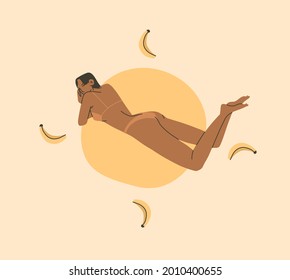 Hand drawn vector abstract stock graphic summer cartoon,minimalistic style illustrations print with bohemian beautiful girl sunbathes and lying on the beach with banana,isolated on color background