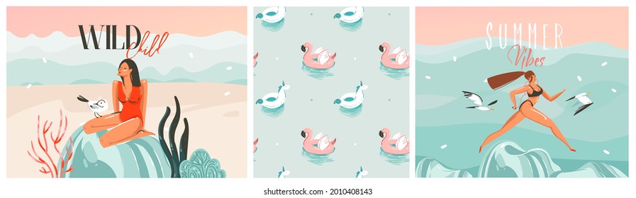Hand drawn vector abstract stock graphic summer time cartoon, contemporary illustrations prints collection set with beach girls characters,flamingo and unicorn floats on isolated color background
