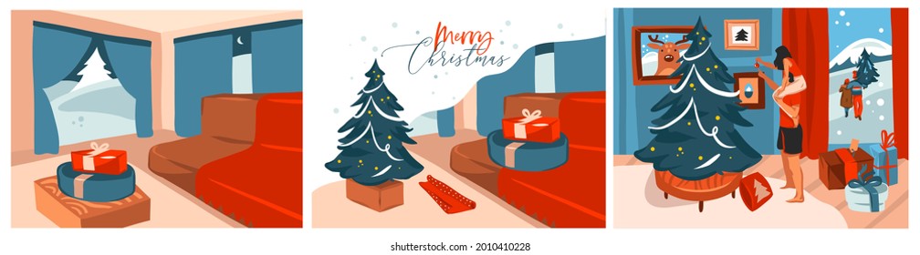 Hand drawn vector abstract stock graphic Merry Christmas and Happy New Year cartoon,illustrations prints collection set with indoor scenes,present box and Christmas tree isolated on color background.