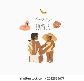 Hand drawn vector abstract stock graphic summer time cartoon,minimalistic style illustrations with bohemian beautiful mom and daughter sunbathes and sitting on the beach,isolated on white background.