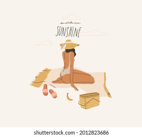 Hand drawn vector abstract stock graphic summer time cartoon,minimalistic style illustrations print with bohemian beautiful girl having picnic on the beach alone,isolated on white background