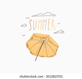 Hand drawn vector abstract stock graphic summer time cartoon,minimalistic illustrations print,with beautiful boho umbrella and Summer handwritten calligraphy lettering solated on white background.