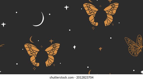 Hand drawn vector abstract stock flat graphic illustration with logo element,bohemian magic art seamless pattern of woman silhouette,gold butterfly,stars and moon in simple style,feminine astrology