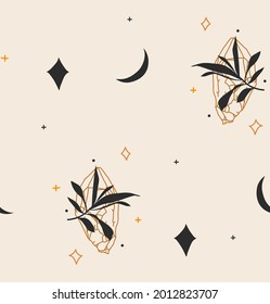 Gráfica gráfica plana con vectores dibujados a mano material abstracto gráfico plano con arte mágico místico mínimo, bohemio patrón sin fisuras de cristales, hojas de flores, estrellas y luna creciente en estilo simple, astrología femenina