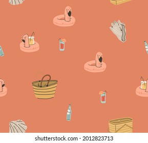 Dibujo a mano vectorial abstracto material gráfico de verano, ilustración creativa moderna minimalista sin fisuras con cócteles flamingo rings y conchas de conchas, aislado en el fondo de color.