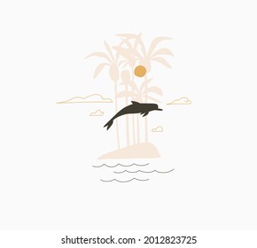 Hand drawn vector abstract stock graphic summer time cartoon,minimalistic illustrations logo,with beautiful tropical palm island silhouette with jumping dolphin isolated on white background.