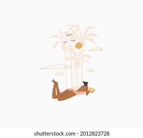 Dibujo a mano vectorial abstracto material gráfico de verano, ilustración de estilo minimalista con bellos baños de sol de chicas bohemias y tumbados con libro en la playa, aislados en fondo blanco