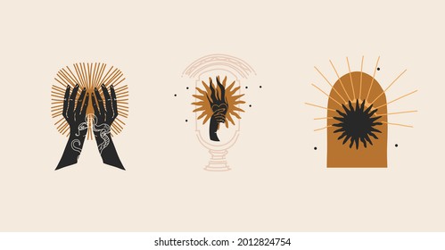 Hand drawn vector abstract stock flat graphic illustration with logo element,bohemian magic art of gold sun,woman hand silhouettes and stars in simple style for branding,isolated on color background.