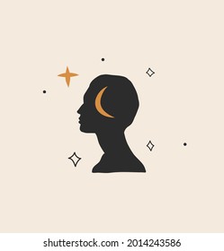 Gráfica gráfica plana de vectores dibujada a mano material abstracto con elemento logotipo, astrología bohemia arte mágico de astronomía mística luna creciente, estrellas y silueta sagrada de mujer, estilo simple para la marca.