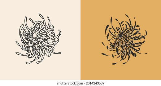 Hand drawn vector abstract stock flat graphic illustration with logo elements set,chrysanthemum autumn line flowers and silhouette,magic art in simple style for branding,isolated on color background
