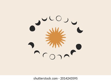 Hand drawn vector abstract stock flat graphic illustration with logo element,bohemian astrology magic minimalistic art of mystic moon phases silhouettes and sun in circle,simple style for branding.