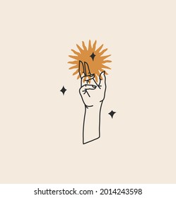 Hand drawn vector abstract stock flat graphic illustration with logo element,minimalistic bohemian magic line art of golden sun silhouette in line human hand and star in simple style for branding.