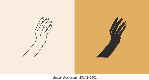 Hand drawn vector abstract stock flat graphic illustration with minimal logo elements collection set,occult mystery witch hands touch line drawing and silhouette,magic art in simple style for branding