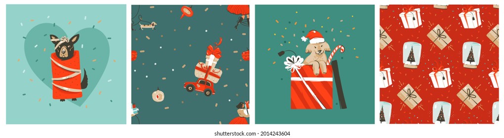 Hand drawn vector abstract stock graphic Merry Christmas and Happy New Year cartoon,illustrations prints collection set with domestic dogs,present box and Christmas tree isolated on color background