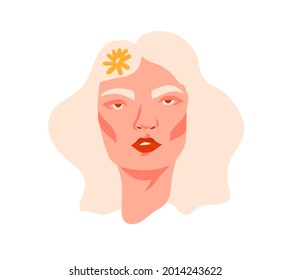 Gráfica gráfica plana con vectores dibujados a mano material abstracto gráfico plano con retro vintage groovy hippie 60,70's boho moderno retrato femenino con flores de margarita en su cabello aislada en el fondo blanco.