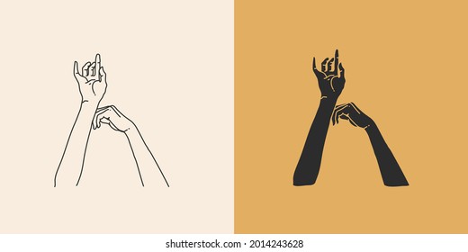 Hand drawn vector abstract stock flat graphic illustration with minimal logo elements collection set,occult mystery witch hands touch line drawing and silhouette,magic art in simple style for branding