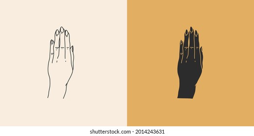 Hand drawn vector abstract stock flat graphic illustration with minimal logo elements collection set,occult mystery witch hands touch line drawing and silhouette,magic art in simple style for branding