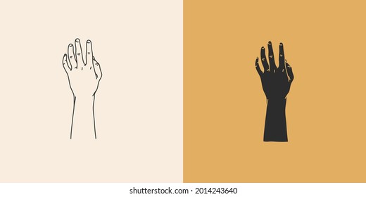 Hand drawn vector abstract stock flat graphic illustration with minimal logo elements collection set,occult mystery witch hands touch line drawing and silhouette,magic art in simple style for branding