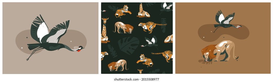 Material abstracto de vectores de mano material gráfico plano gráfico de verano moderno safari de animales de la sabana impresiones y colección de patrones aislados en el fondo de color.