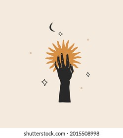 Hand drawn vector abstract stock flat graphic illustration with logo element,minimalistic bohemian magic line art of golden sun silhouette in line human hand and star in simple style for branding.