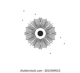 Hand drawn vector abstract stock flat graphic illustration with logo element of magic celestial sun silhouette art in simple style for branding,isolated on white background.