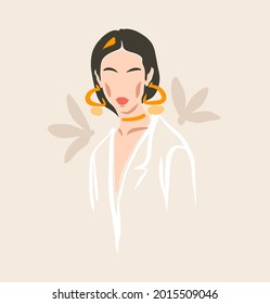 Hand drawn vector abstract stock flat graphic contemporary aesthetic fashion illustration with bohemian,beautiful modern female portrait in simple trendy minimal style isolated on pastel background.