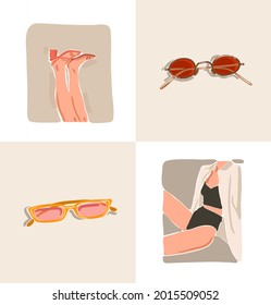 Gráfica de mano vectorial abstracto material gráfico plano estético contemporáneo colección de ilustraciones conjunto con cuerpo femenino bohemiano, hermoso collage moderno y accesorios de gafas de sol de estilo mínimo