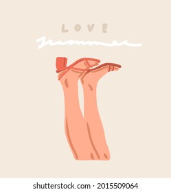 handgezeichnet, Vektorgrafik abstrakter Stockgrafik zeitgenössisch ästhetisch, Modegrafik mit Vintage schönen, modernen weiblichen Beinen und Schuhen mit handgeschriebenem Text Sommer einzeln auf pastellfarbenem Hintergrund
