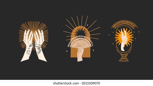Material vectorial de mano material abstracto ilustración gráfica plana con elemento logotipo,arte mágico bohemio de sol dorado, siluetas de mano de mujer y estrellas de estilo sencillo para marca, aislado en fondo de color.