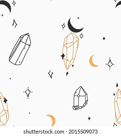 Hand drawn vector abstract stock flat graphic illustration seamless pattern with bohemian magic line art of crystal stone,moon and stars in simple style for branding,isolated on white background.