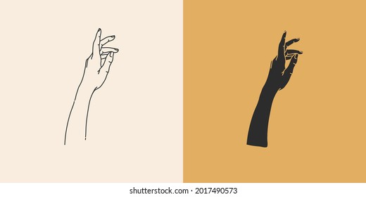 Hand drawn vector abstract stock flat graphic illustration with minimal logo element collection set,occult mystery witch hands touch line drawing and silhouette,magic art in simple style for branding.