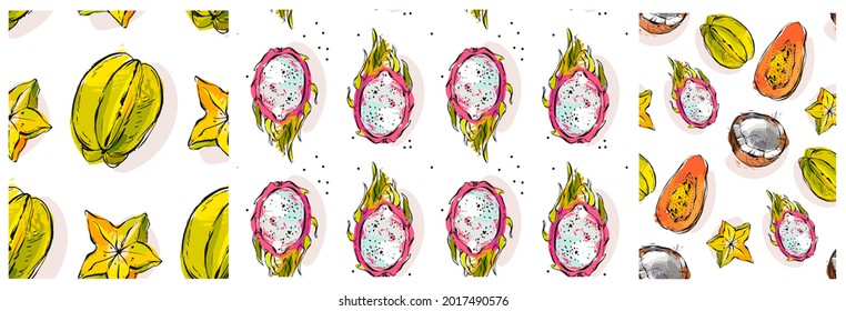 Hand drawn vector abstract stock flat graphic illustration with seamless patterns collection set with tropical exotic fruit coconut,carambola and dragon frut isolated on white background.