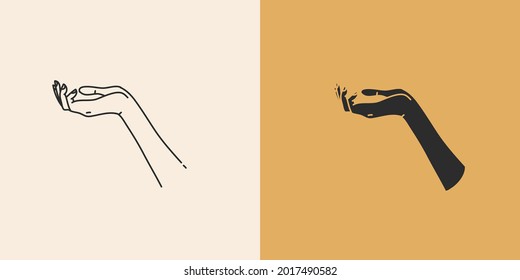 Hand drawn vector abstract stock flat graphic illustration with minimal logo element collection set,occult mystery witch hands touch line drawing and silhouette,magic art in simple style for branding.