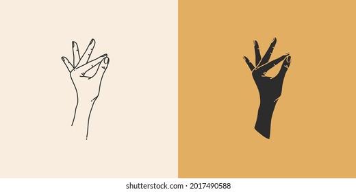 Hand drawn vector abstract stock flat graphic illustration with minimal logo element collection set,occult mystery witch hands touch line drawing and silhouette,magic art in simple style for branding.