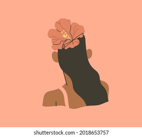 Hand drawn vector abstract stock graphic summer time cartoon,minimalistic style illustrations print with bohemian beautiful girl on the beach with flower in her hair,isolated on color background.