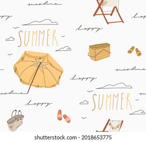 Hand drawn vector abstract stock graphic summer cartoon,creative modern minimalistic illustration seamless pattern with boho beach umbrella and handwritten lettering,isolated on white background.